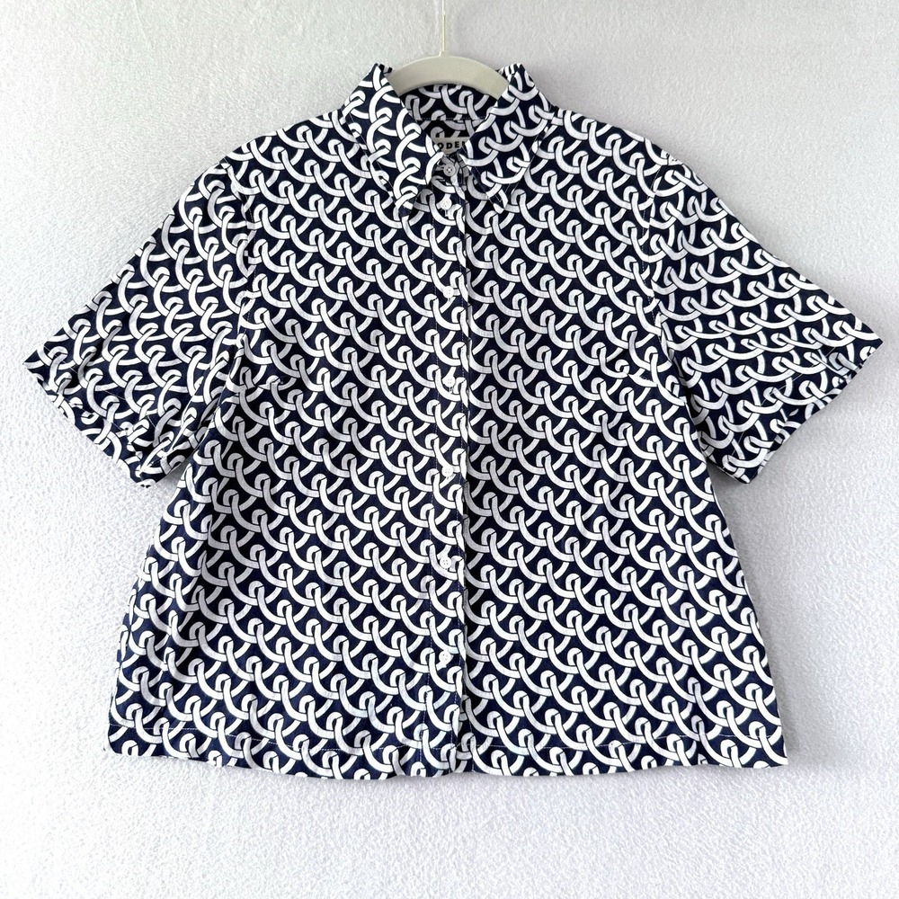 Boden Top Womens 6 Hazel Short Sleeve Linen Geometric Button Up A-Line Nautical
